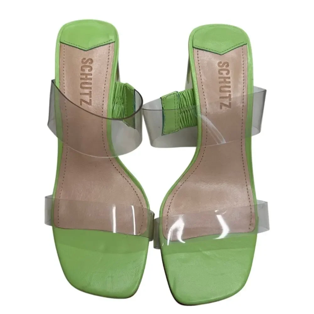 NEW Schutz Ariella Leather & Acrylic Heel Sandal Neon Green Size 6.5